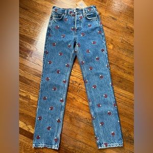 Reformation High Waisted Straight Jeans with Mushroom Embroidery